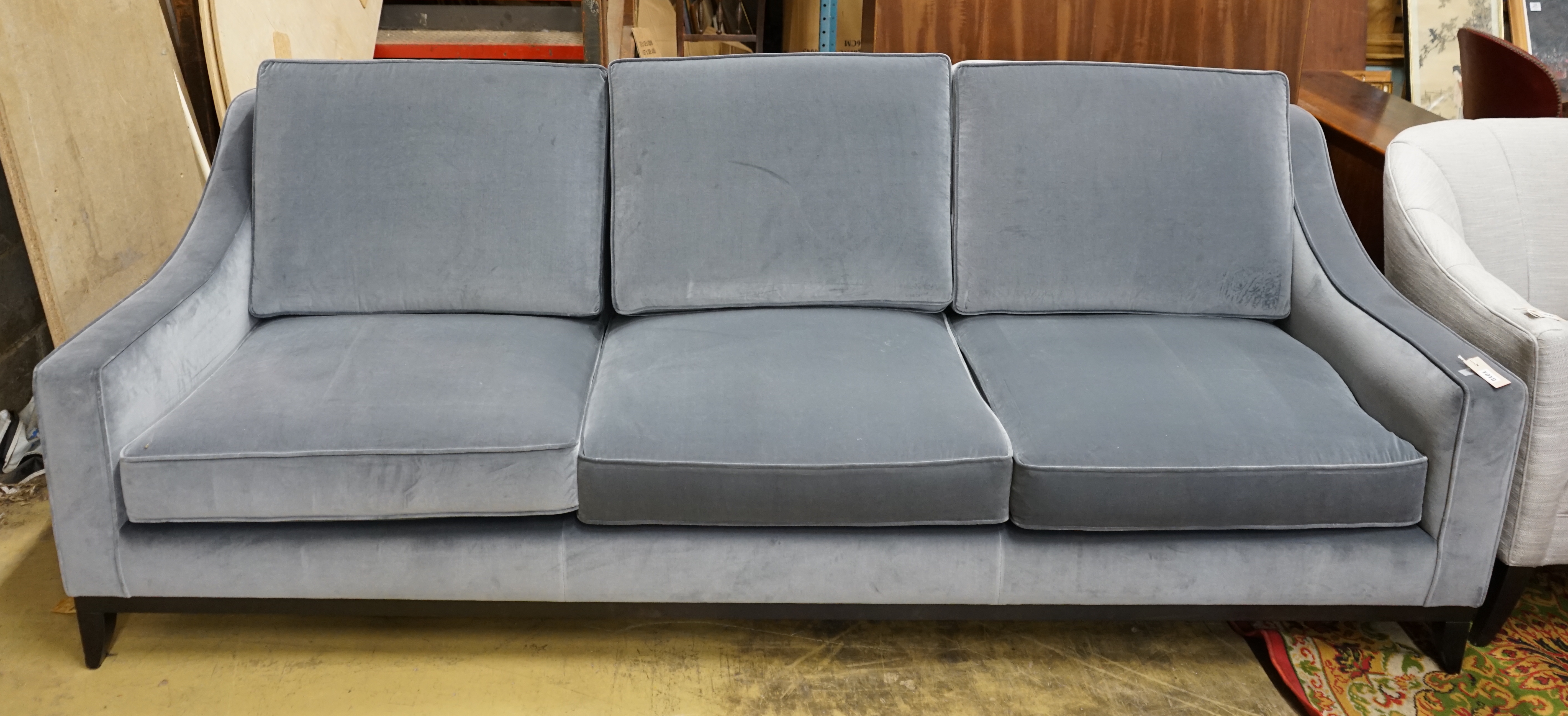 A Spencer three seater sofa by The Sofa and Chair Company, upholstered in Turnell and Gigon Gainsborough grey velvet, width 250cm, depth 100cm, height 90cm